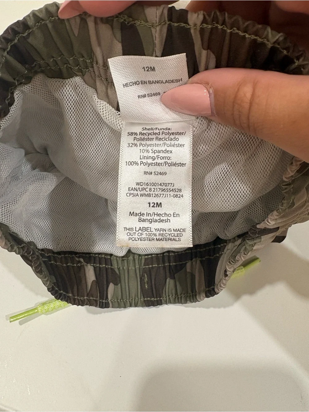wonder nation Olive Green Camo Swim Shorts with Neon Yellow Drawstring